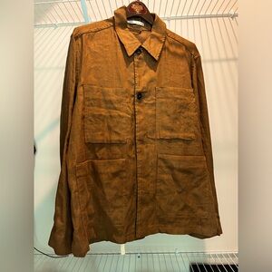 ZARA Men’s linen jacket long sleeve button up with large pockets in brown/rust